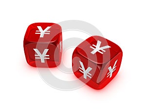 Pair of translucent red dice with yen sign