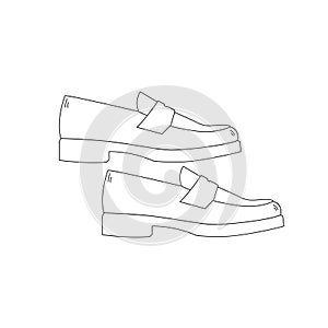 Pair of trendy line art loafer shoes. Modern women's and men's footwear with low heel. Doodle style.