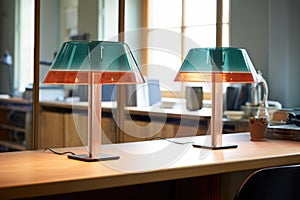 a pair of twin table lamps on a shared cooperative workspace