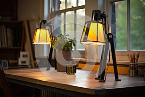 a pair of twin table lamps on a shared cooperative workspace