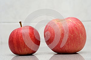 A pair of two apples of different sizes side by side in comparison