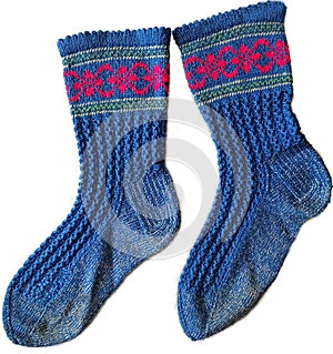 Pair of Two Blue Color Isolated Woolen Striped Pattern Socks On White Surface