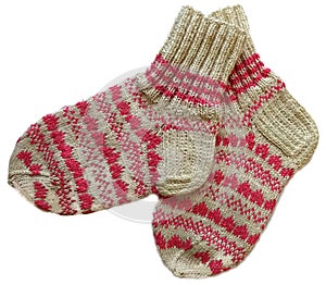 Pair of Two Isolated Beige Brown Pink Color Natural Wool Patterned Hand Made Knitted Warm Socks On White Surface