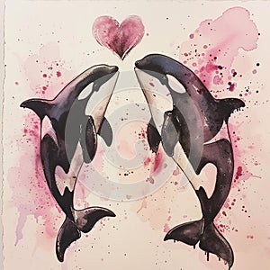 Orca whales love hearts watercolor