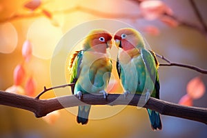 A pair of vibrant birds perched on a branch, showcasing their vivid plumage, A pair of lovebirds perched on a heart-shaped tree