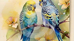 A pair of vibrant budgies perched on a flowering branch