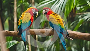 Pair of Vibrant macaws in a tropical setting. Bright parrots with colorful feathers. Concept of wildlife, exotic birds