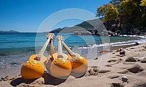 Two Orange Guitars on Sandy Beach