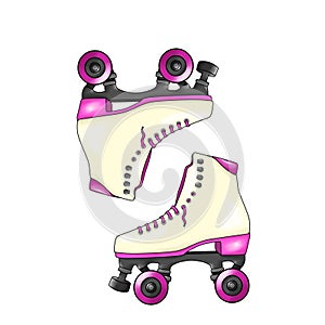 Pair of vintage colorful roller skates with pink laces, sketch style, hand drawn illustration isolated on white background - Illus