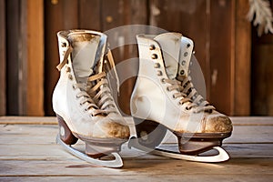 A pair of vintage ice skates on a wooden background. Old white figure ice skates close up, outdoors winter activity banner. Winter