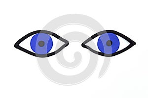 Pair of waching blue eyes on white background. Observing concept, flat lay mockup. Ophthalmic background.