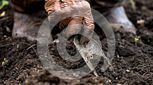 A pair of weathered hands carefully sift through freshly turned soil the rich dark earth falling in clumps between photo