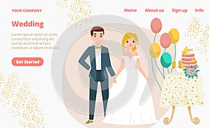 Pair wedding character in suit, modern style postcard, couple lover marry landing page concept flat vector illustration