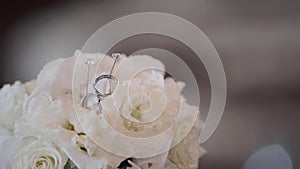 Pair of wedding rings on white flowers pillow