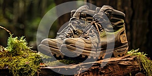 A Pair Of Wellworn Touristic Boots Rests On A Bed Of Moss, A Testament To Adventures Past And Future