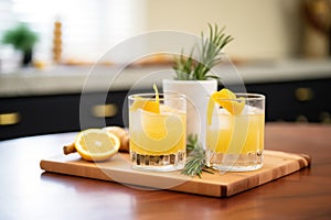 pair of whiskey sours with spiral lemon peels as garnish