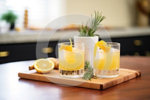 pair of whiskey sours with spiral lemon peels as garnish photo