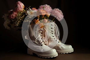 Pair white boots flowers inside. Generate AI