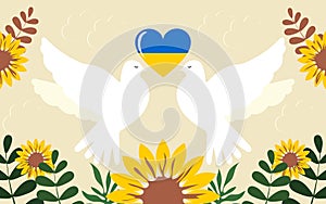 Pair of white doves of peace. Heart with the colors of the flag of Ukraine. Sunflowers are symbols of the Day of Remembrance of th