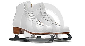 A pair of white figure ice skates with blades, isolated on white background