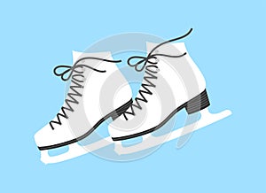 A pair of white ice figure skates with black laces and soles on a blue background. Flat vector illustration