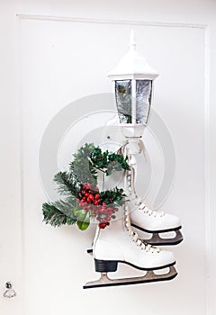 Pair of white Ice Skates with Christmas decoration