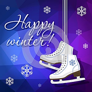 Pair of white Ice skates. Figure skates. Women`s ice skates hanging on the laces. Vector illustration background.