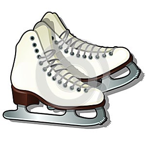 Pair of white ice skates isolated on white background. Equipment for winter sports. Sample of poster, party invitation photo