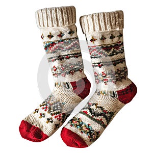 Pair of White and Red Knitted Socks with Geometric Pattern