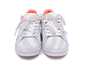 Pair of white sneakers on white background. Sport shoes.