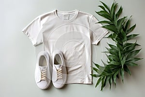 A pair of white sneakers and a white t - shirt. Generative AI image.