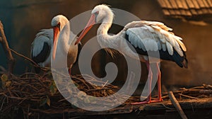 Pair of White Stork birds on a nest during the spring nesting period, Storks in the nest