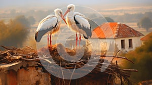 Pair of White Stork birds on a nest during the spring nesting period, Storks in the nest