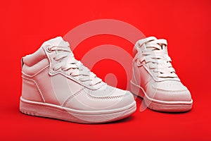 pair of white youth sneakers on red background close-up