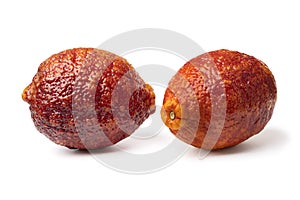 Pair of whole fresh Citrus limon Rosso close up on white background