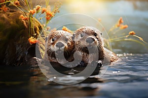 Pair of Wild Otters Looks Wet Plunged by the River Lake at Morning