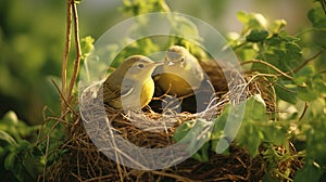 A pair of Wilsonâ€™s Warblers building a nest in a bush. AI Generative