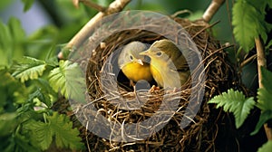 A pair of Wilsonâ€™s Warblers building a nest in a bush. AI Generative