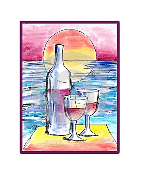 Pair of wine glasses against a beautiful ocean view with a sunset, hand drawing sketching