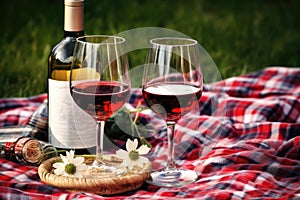 a pair of wine glasses and a bottle of wine on a picnic blanket