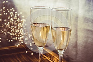 Pair of wine glasses, champagne flutes on the wedding table, Mockup