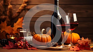 Pair of wine glasses and red wine bottle on a fall table with pumpkins and pinecones, vertical, Thanksgiving