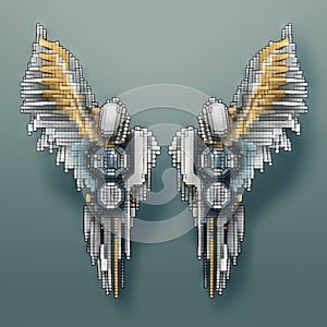 a pair of wings made out of pixellated pixels on a blue background with a yellow and white design on the wings of the wings photo