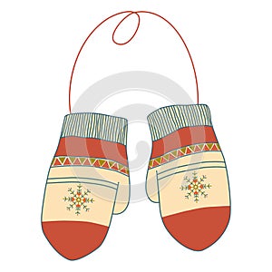 Pair of winter mittens isolated on white background. Vector illustration in boho style. Warm mitten icon.