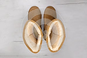 A pair of winter warm uggs, top view