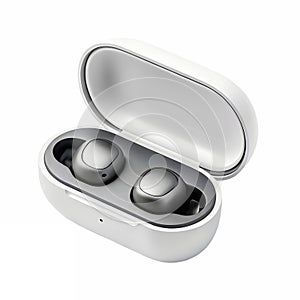 A pair of wireless earbuds with charging case