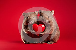 Pair of wombats holding red heart in front of studio background