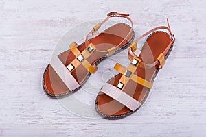 Pair of women`s sandals on white wooden background