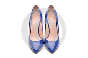 A pair of women& x27;s blue shoes. Elegant patent leather shoes