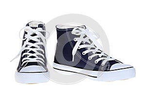 Pair of womens high top lace up dark navy blue sneakers isolated on white background